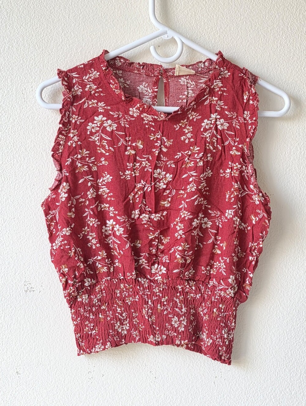 Blush BJ Rust Red Floral Smocked Sleeveless Boho Top Ruffle Trim